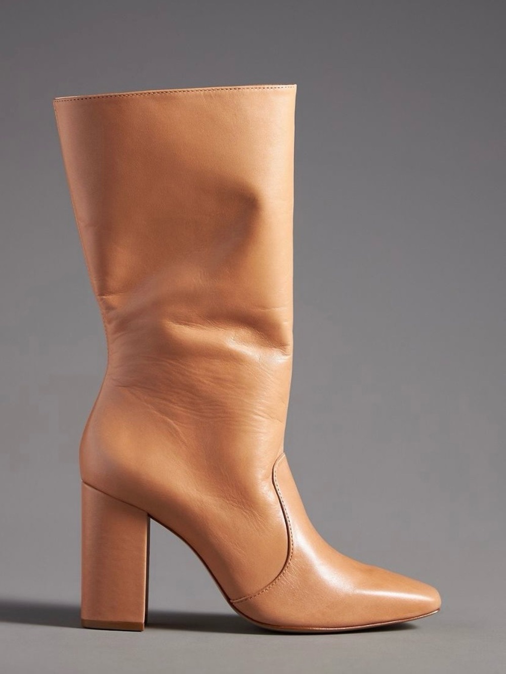 SCHUTZ Tan Leather Mid-Calf Block Heel Boot